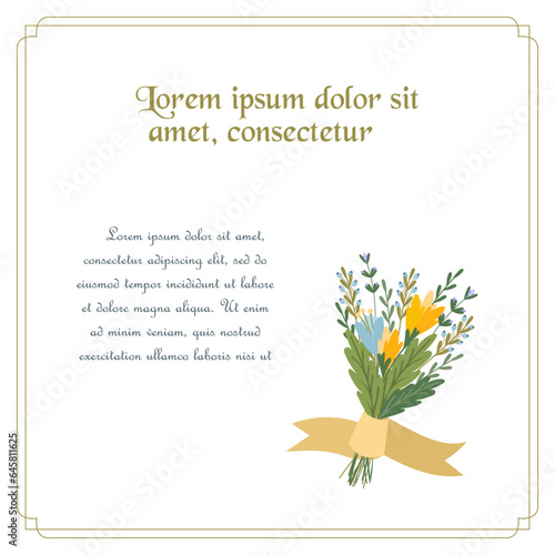 Decorative classic template in vintage style greeting card, frame and bouquet of flowers. Vector illustration. © Elena