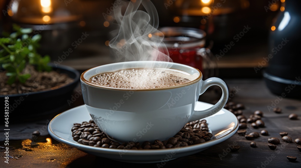 coffee in a small pot on a heater and a white cup, with hot steam on a wooden table background coffee in a small pot on a heater and a white cup, with hot steam on a wooden table background