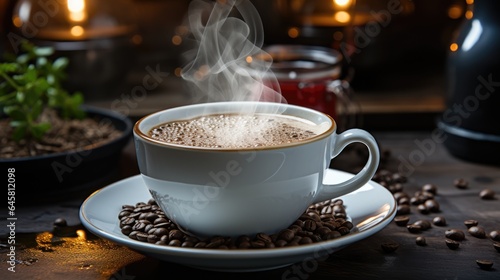 coffee in a small pot on a heater and a white cup, with hot steam on a wooden table background