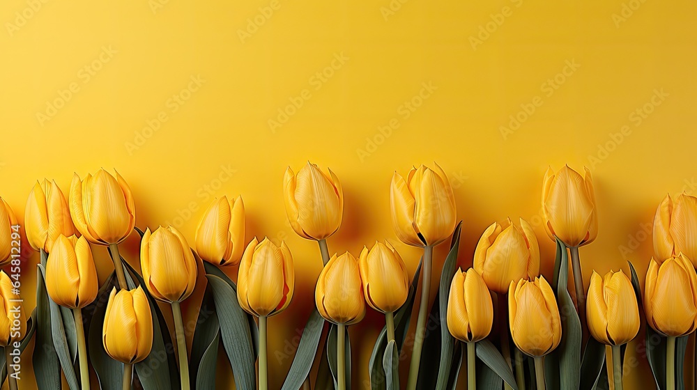 Obraz premium tulips on yellow background, copy space 