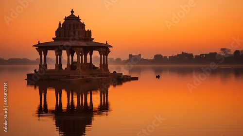Dawn at an ancient temple in Jaisalmer  Rajasthan  India s Gadi Sagar  Gadisar  Lake