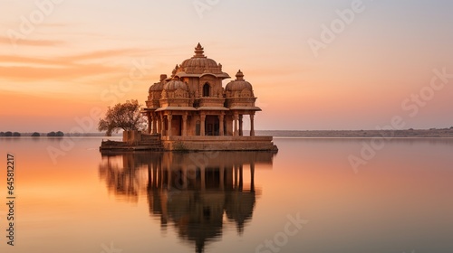 Dawn at an ancient temple in Jaisalmer, Rajasthan, India's Gadi Sagar (Gadisar) Lake photo