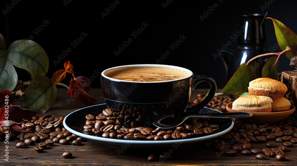 Fototapeta premium cup of coffee and coffee beans on wooden table on darker background, top view
