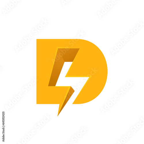 D letter logo with negative space lightning. Flash vector monogram. Electric bolt icon. Perfect type for energy labels, superhero t-shirt print, rock music posters, delivery art, electromobile adv.