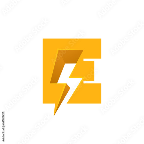 E letter logo with negative space lightning. Flash vector monogram. Electric bolt icon. Perfect type for energy labels, superhero t-shirt print, rock music posters, delivery art, electromobile adv.