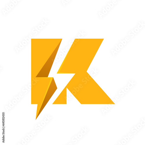 K letter logo with negative space lightning. Flash vector monogram. Electric bolt icon. Perfect type for energy labels, superhero t-shirt print, rock music posters, delivery art, electromobile adv.