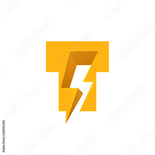 T letter logo with negative space lightning. Flash vector monogram. Electric bolt icon. Perfect type for energy labels, superhero t-shirt print, rock music posters, delivery art, electromobile adv.