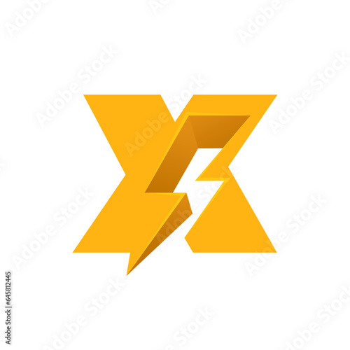 X letter logo with negative space lightning. Flash vector monogram. Electric bolt icon. Perfect type for energy labels, superhero t-shirt print, rock music posters, delivery art, electromobile adv.