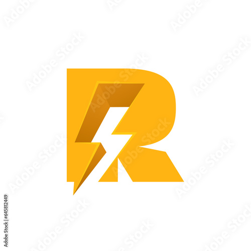 R letter logo with negative space lightning. Flash vector monogram. Electric bolt icon. Perfect type for energy labels, superhero t-shirt print, rock music posters, delivery art, electromobile adv.