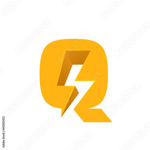Q letter logo with negative space lightning. Flash vector monogram. Electric bolt icon. Perfect type for energy labels, superhero t-shirt print, rock music posters, delivery art, electromobile adv.