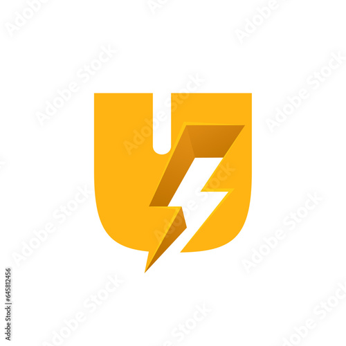 U letter logo with negative space lightning. Flash vector monogram. Electric bolt icon. Perfect type for energy labels, superhero t-shirt print, rock music posters, delivery art, electromobile adv.