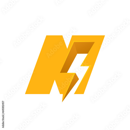 N letter logo with negative space lightning. Flash vector monogram. Electric bolt icon. Perfect type for energy labels, superhero t-shirt print, rock music posters, delivery art, electromobile adv.