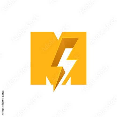 M letter logo with negative space lightning. Flash vector monogram. Electric bolt icon. Perfect type for energy labels, superhero t-shirt print, rock music posters, delivery art, electromobile adv.