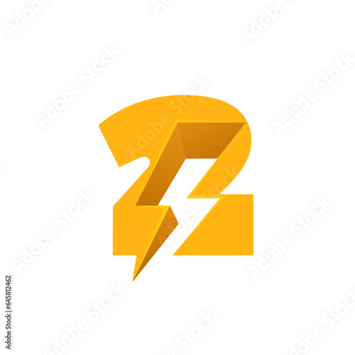 2 logo. Number two with negative space lightning. Flash vector monogram. Electric bolt icon. Perfect type for energy labels, superhero print, rock music posters, delivery art, electromobile adv.
