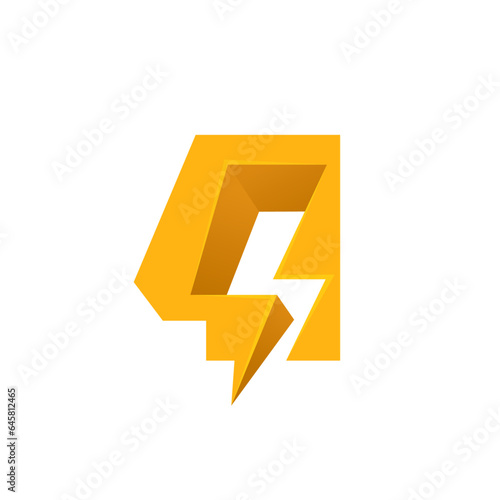 4 logo. Number four with negative space lightning. Flash vector monogram. Electric bolt icon. Perfect type for energy labels, superhero print, rock music posters, delivery art, electromobile adv.