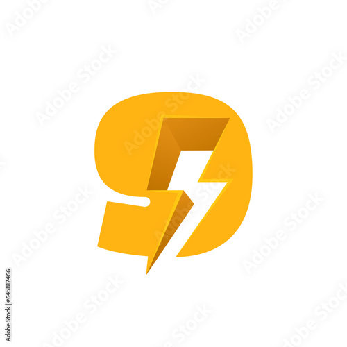 9 logo. Number nine with negative space lightning. Flash vector monogram. Electric bolt icon. Perfect type for energy labels, superhero print, rock music posters, delivery art, electromobile adv.