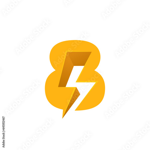 8 logo. Number eight with negative space lightning. Flash vector monogram. Electric bolt icon. Perfect type for energy labels, superhero print, rock music posters, delivery art, electromobile adv.