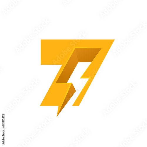 7 logo. Number seven with negative space lightning. Flash vector monogram. Electric bolt icon. Perfect type for energy labels, superhero print, rock music posters, delivery art, electromobile adv.