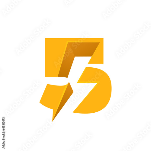 5 logo. Number five with negative space lightning. Flash vector monogram. Electric bolt icon. Perfect type for energy labels, superhero print, rock music posters, delivery art, electromobile adv.