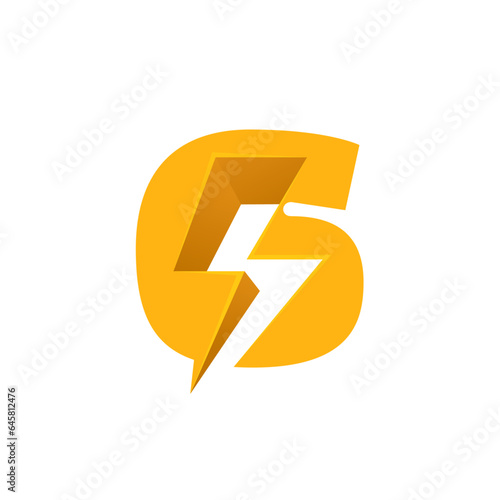 6 logo. Number six with negative space lightning. Flash vector monogram. Electric bolt icon. Perfect type for energy labels, superhero print, rock music posters, delivery art, electromobile adv.