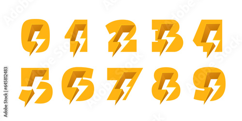 0 to 9 logos. Numbers set with negative space lightning. Flash vector monogram. Electric bolt icon. Perfect type for energy labels, superhero print, rock music posters, delivery art, electromobile adv