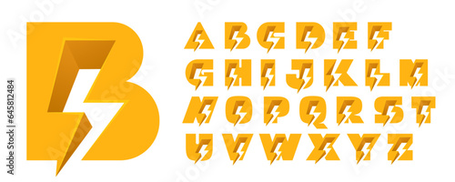 Alphabet set with negative space lightning. Flash vector monogram. Electric bolt logos. Perfect type for energy labels, superhero t-shirt print, rock music posters, delivery art, electromobile adv.