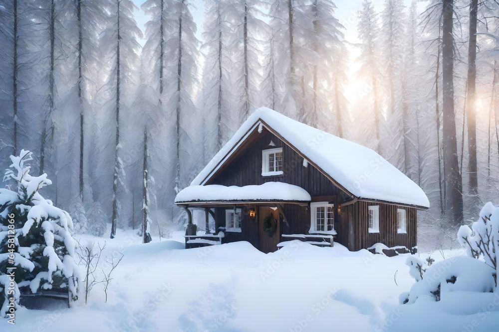 A small house in winter covered with snow.AI Generative