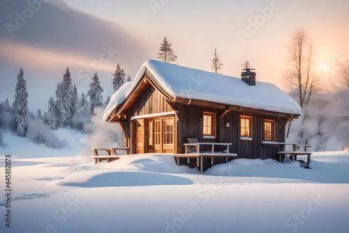 A small house in winter covered with snow.AI Generative