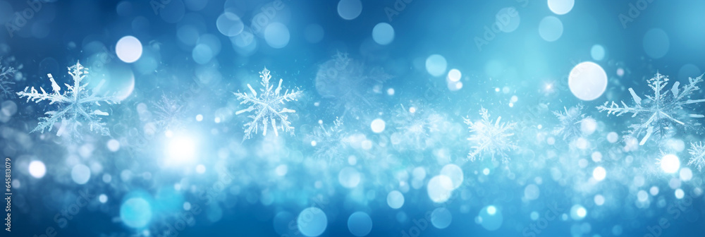 Defocused Christmas background with snowflakes and bokeh lights. Panoramic banner. 