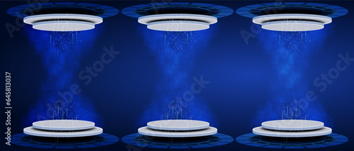 Step into the future with our circle portals, teleporting you to new dimensions. Our hologram gadget displays a blank stage, perfect for showcasing products in a futuristic cyberpunk style