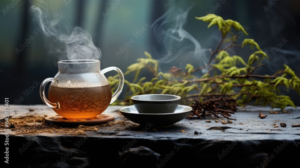 cup of tea, Steam smoke rising from a cup of hot tea placed on a stone table, with a natural background cup of tea, Steam smoke rising from a cup of hot tea placed on a stone table, with a natural background