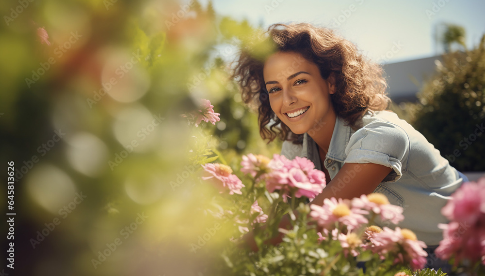 Woman in the field of flowers, pink roses, created with ai generative technology Woman in the field of flowers, pink roses, created with ai generative technology