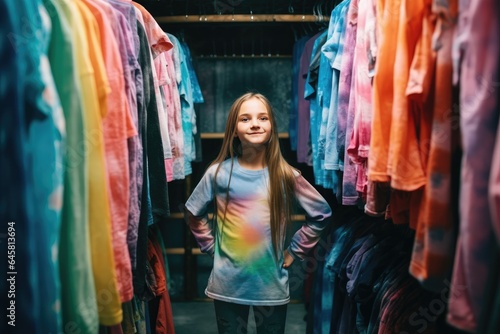 A young girl buys clothes, carefully choosing them from a colorful selection in a clothing store, showing off her fashion sense.