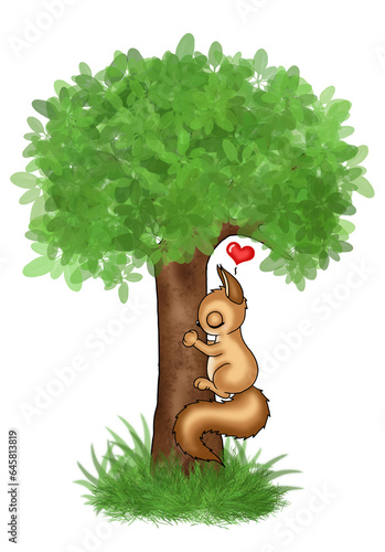 squirrel hugs a tree photo