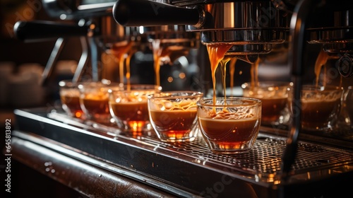 espresso flowing from the coffee machine. Barista hands make professional coffee