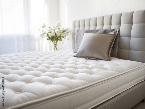 Close up of fluffy mattress in modern bright bedroom