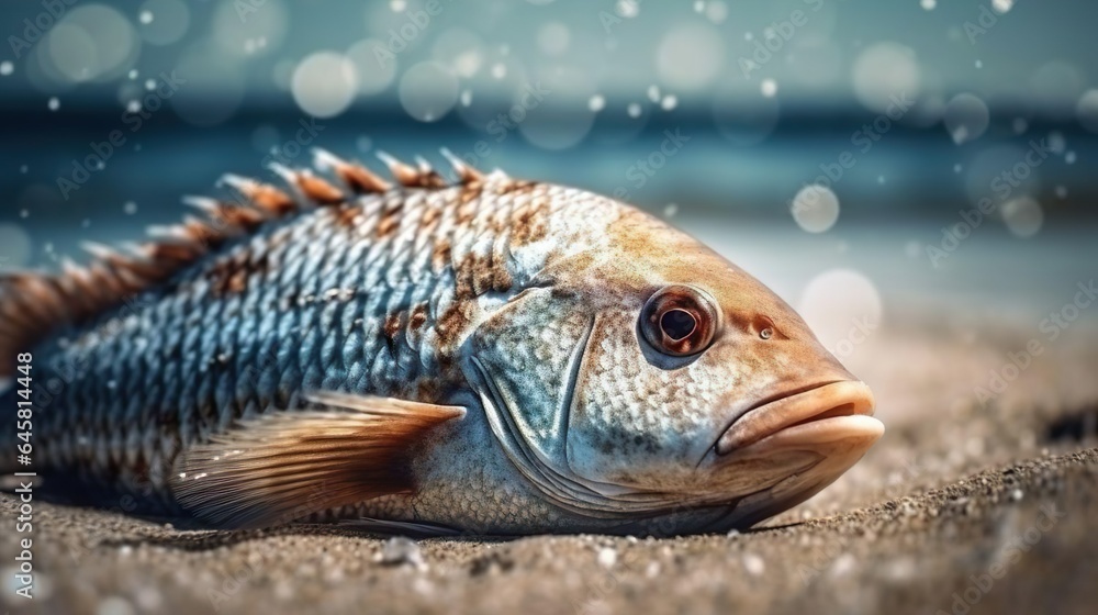 A fish on the shore. Environmental disaster. Fish died after dumping a poisonous substance into the sea water. Pollution of the sea, waste water and garbage in the ocean. A fish on the shore. Environmental disaster. Fish died after dumping a poisonous substance into the sea water. Pollution of the sea, waste water and garbage in the ocean.