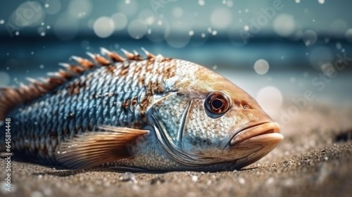 A fish on the shore. Environmental disaster. Fish died after dumping a poisonous substance into the sea water. Pollution of the sea, waste water and garbage in the ocean.