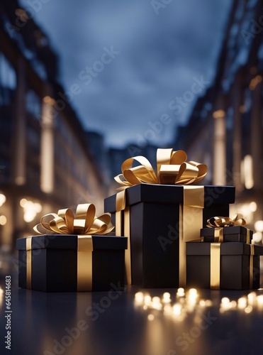 gift boxes in the city Black Friday  Cinematic daylight generative ai illustration art