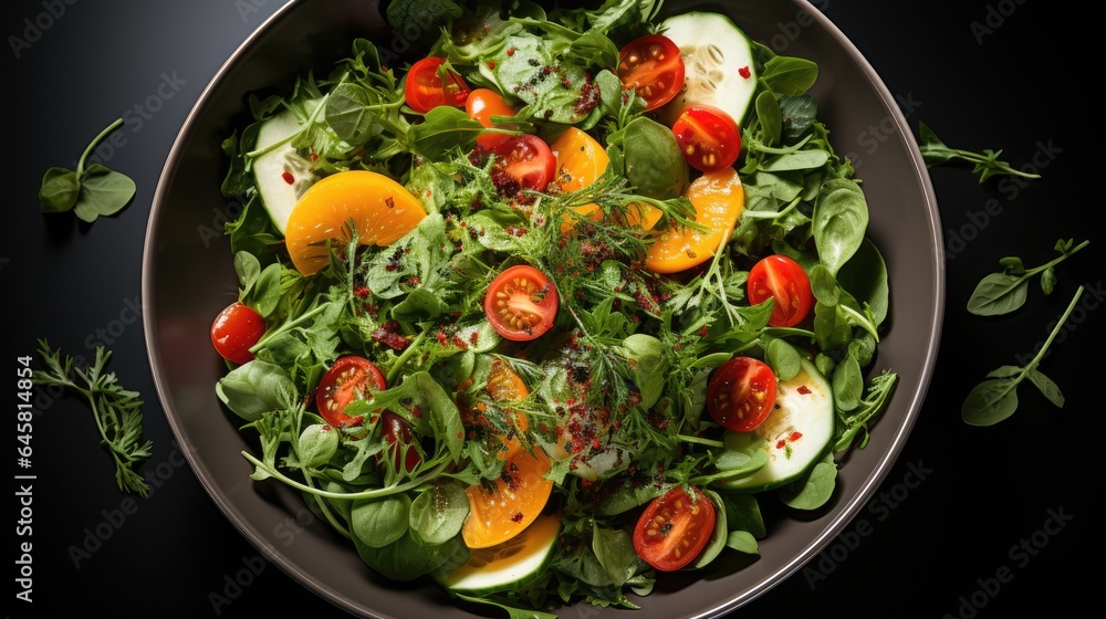 Fresh healthy vegetable salad, spinach, lettuce, tomatoes and carrots, on a white plate, top view