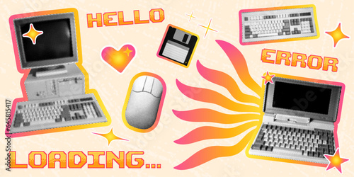 retro computer concept template design with pc laptop keyboard mouse floppy diskette set halftone dotted technology collage elements