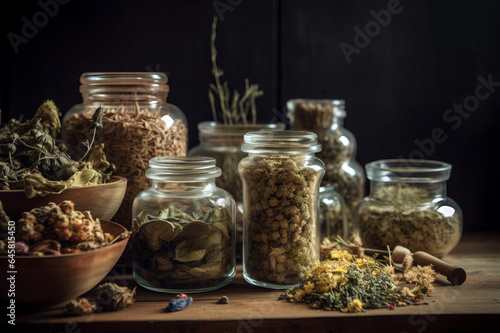 Dried medicinal herbs on wooden table 