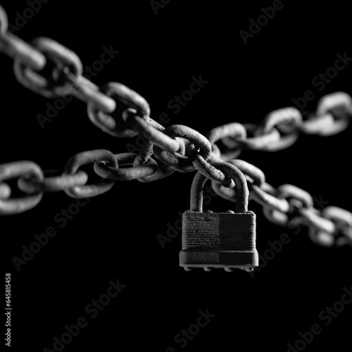Worn rusted chain and pad lock on black background. Conceptual strength, protection, or security system.