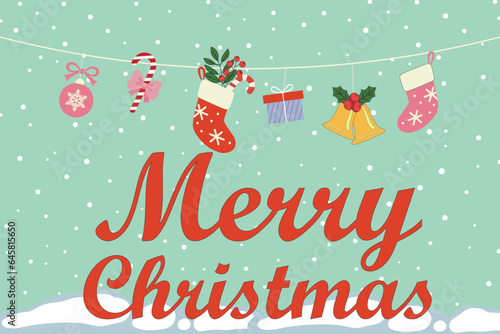  Retro Christmas greeting card with stockings. Merry Christmas card. Winter Holiday Vintage Greeting Card. Vintage Christmas And New Year Decoration Poster. Vector