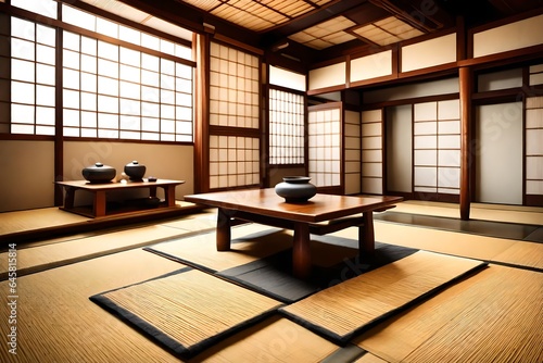 Traditional Japanese tea room with tatami mats and a low wooden table.