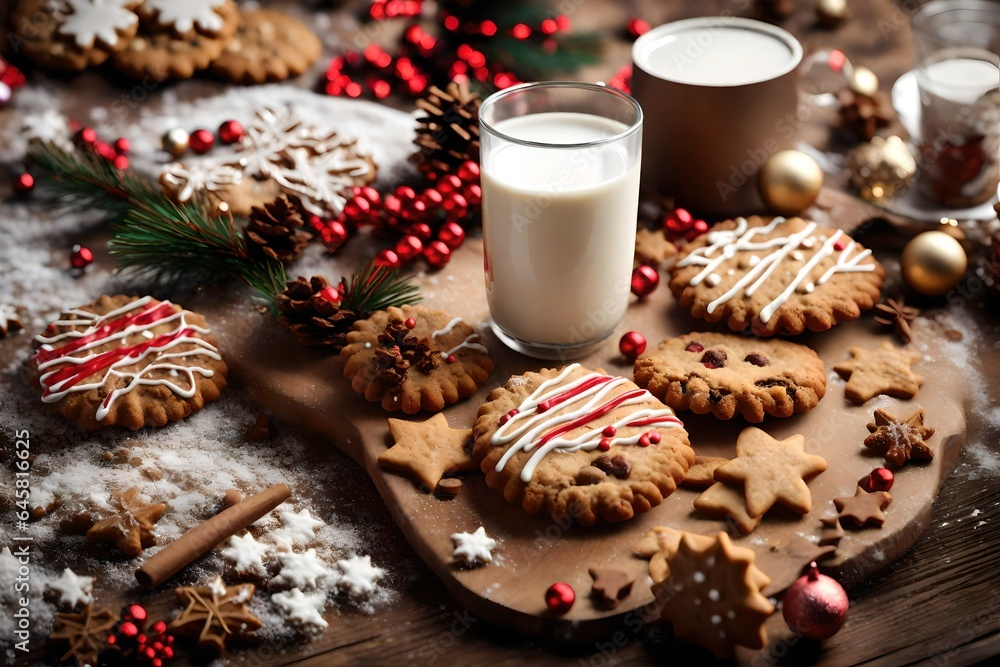 A close-up of Christmas cookies and milk on a wooden table. A close-up of Christmas cookies and milk on a wooden table.