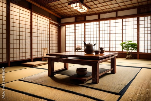 Traditional Japanese tea room with tatami mats and a low wooden table.