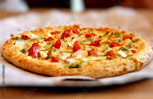 Beautiful hot tasty pizza with traditional italian pesto sauce on the table