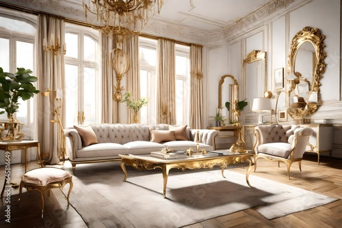 Parisian chic living room with gold accents and vintage furniture. © Nasreen