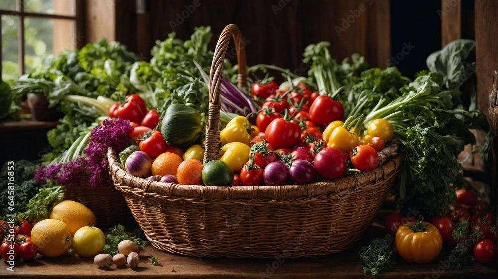 Colorful Still-Life of Freshly-Picked Vegetables in a Basket Colorful Still-Life of Freshly-Picked Vegetables in a Basket